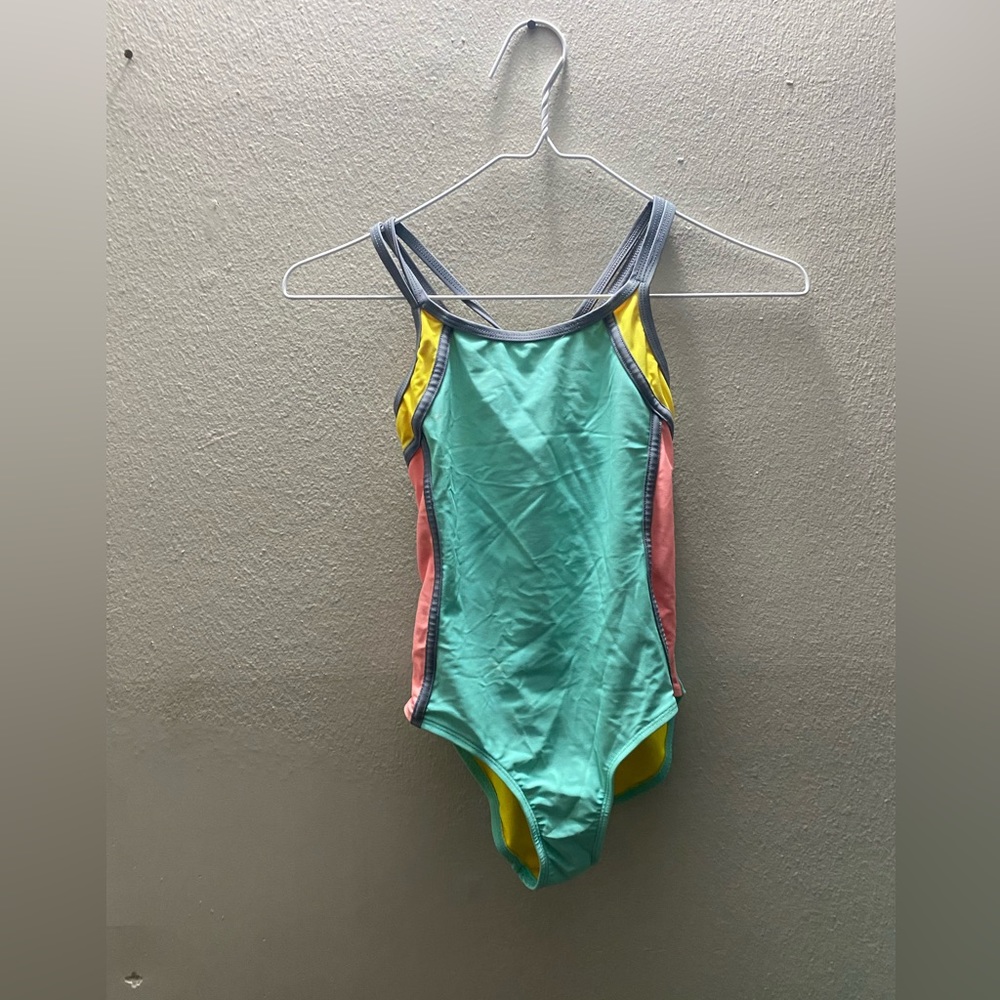 Girls Wonder Nation Medium 7-8 Teal Yellow Coral block one piece swimsuit Tote11